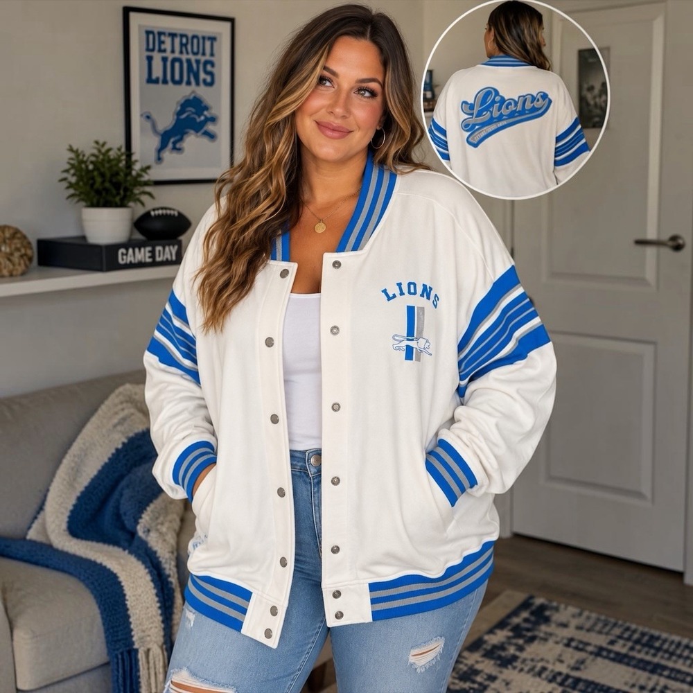 NWT WEAR Erin Andrews Detroit Lions Varsity Jacket Plus 3X White Blue